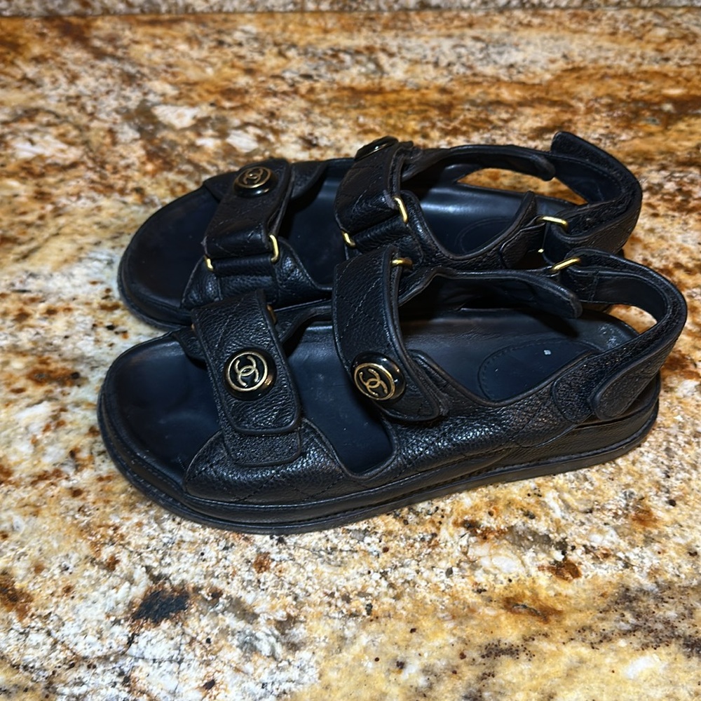 CHANEL Black Leather Dad Sandals - Picture 3 of 9